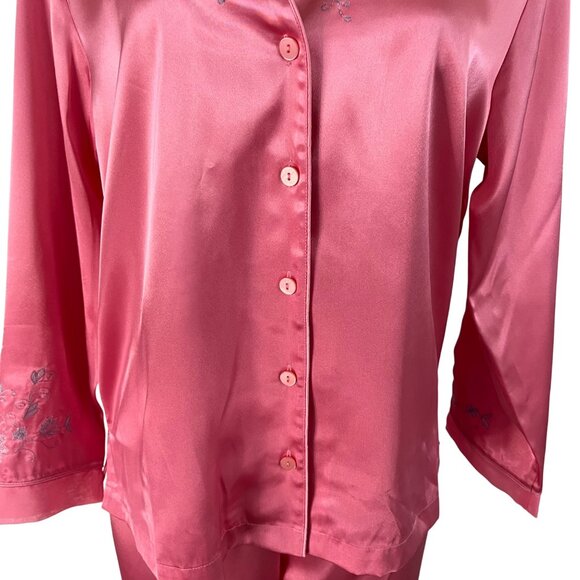 Morgan Taylor Luxurious Pink Satin Floral Embroidered Pajama Set Sz L - New - Picture 14 of 16